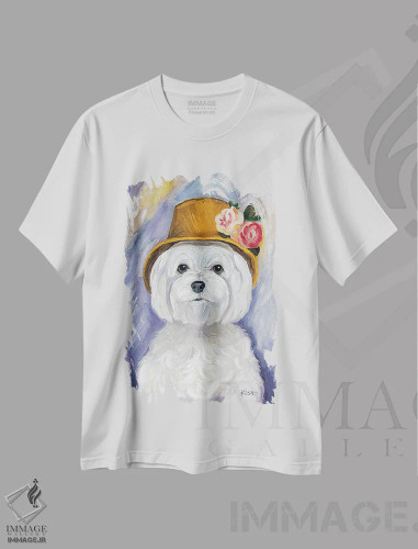 تیشرت سفید طرح دار بانوی مالتیز، هنر فاخر معاصر اثر گرچن کیش سرانو | فروشگاه ایماژ