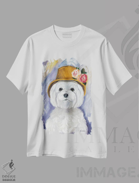 تیشرت سفید طرح دار بانوی مالتیز، هنر فاخر معاصر اثر گرچن کیش سرانو | فروشگاه ایماژ