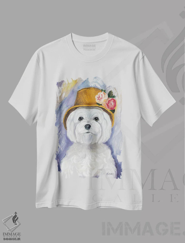 تیشرت سفید طرح دار بانوی مالتیز، هنر فاخر معاصر اثر گرچن کیش سرانو | فروشگاه ایماژ