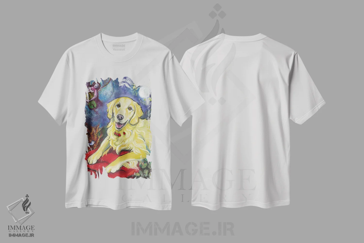 تیشرت سفید طرح دار خواب طلایی گلدن رتریور، هنر فاخر معاصر اثر گرچن کیش سرانو | فروشگاه ایماژ