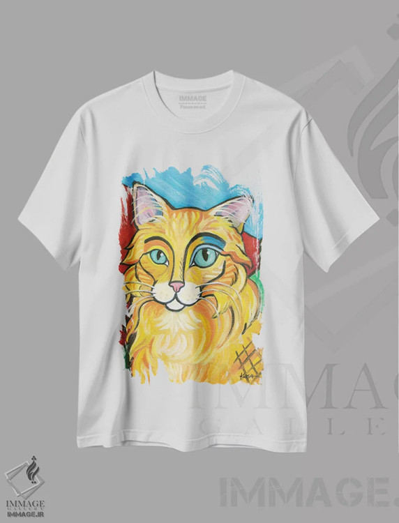 تیشرت سفید طرح دار گربه تبی نارنجی پیکاسو، هنر فاخر معاصر اثر گرچن کیش سرانو | immage.ir