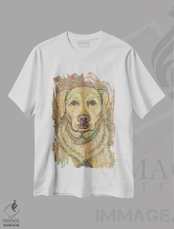 تیشرت سفید طرح دار لبرادور زرد قطره ای، هنر فاخر معاصر اثر گرچن کیش سرانو | immage.ir