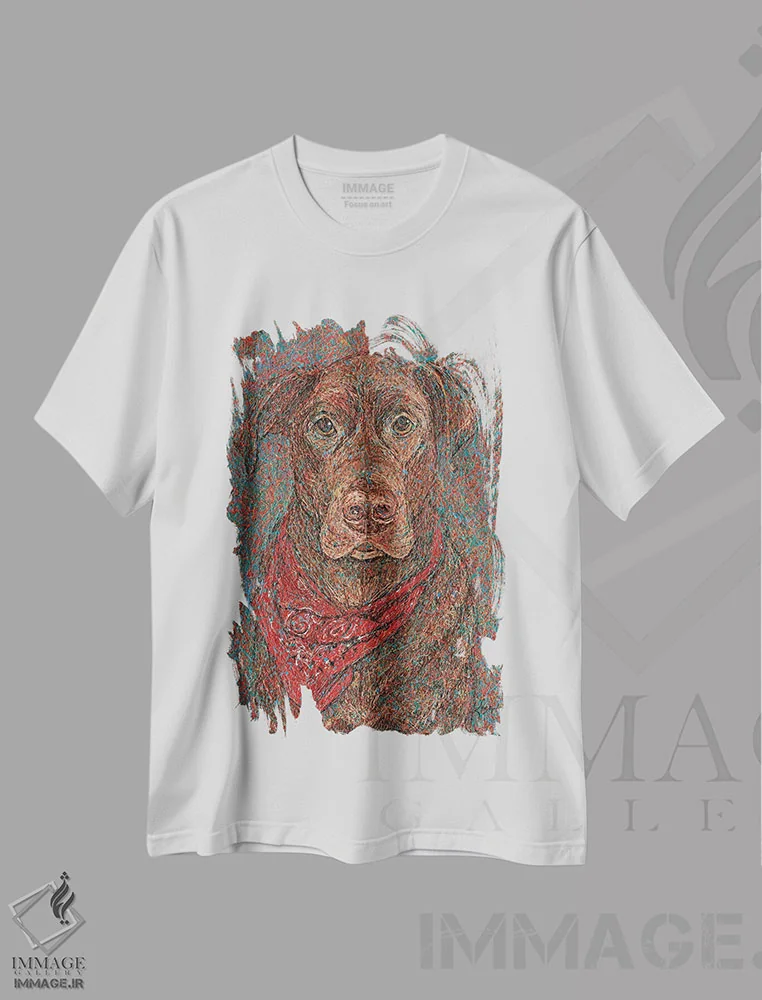 تیشرت سفید طرح دار لبرادور شکلاتی قطره ای، هنر فاخر معاصر اثر گرچن کیش سرانو | فروشگاه ایماژ