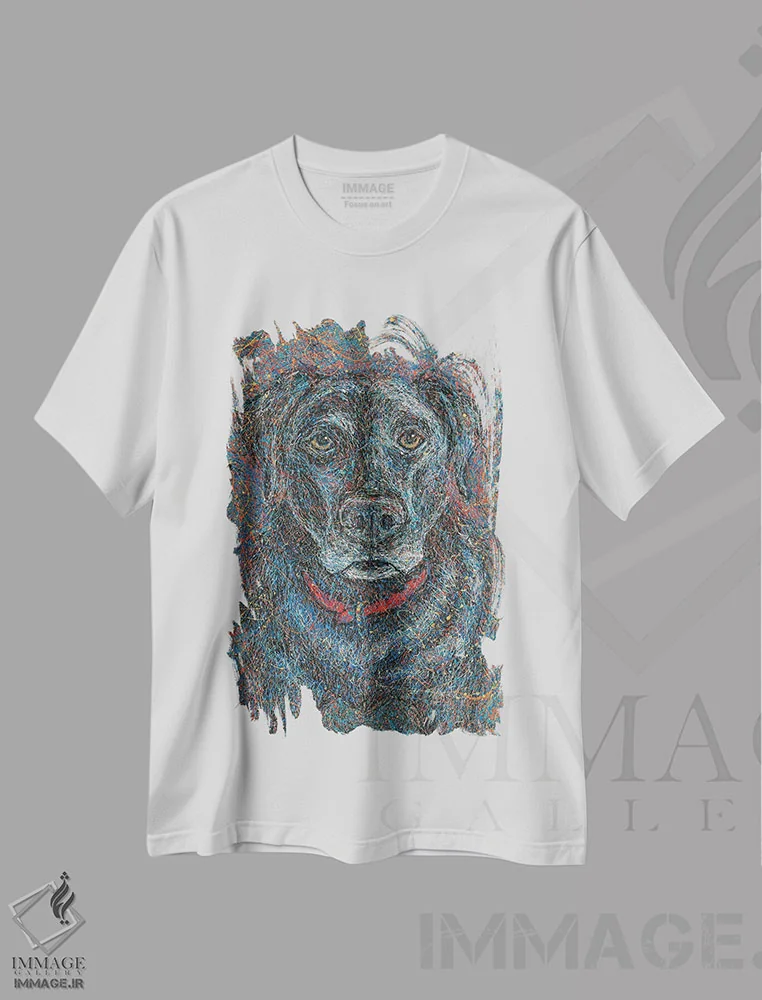 تیشرت سفید طرح دار لبرادور مشکی قطره ای، هنر فاخر معاصر اثر گرچن کیش سرانو | immage.ir