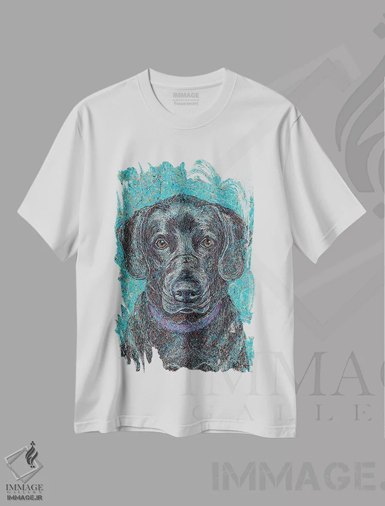 تیشرت سفید طرح دار لبرادور مشکی ۲ قطره ای، هنر فاخر معاصر اثر گرچن کیش سرانو | فروشگاه ایماژ