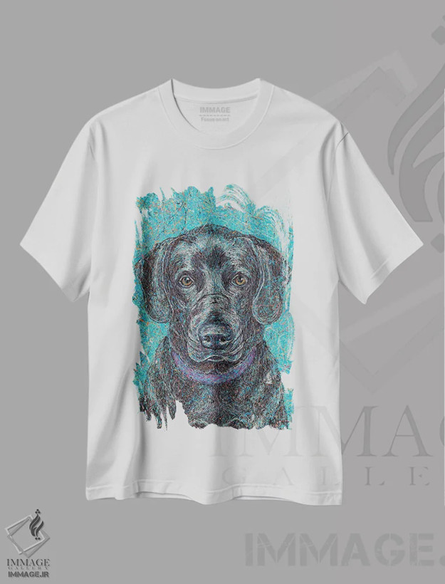 تیشرت سفید طرح دار لبرادور مشکی ۲ قطره ای، هنر فاخر معاصر اثر گرچن کیش سرانو | فروشگاه ایماژ