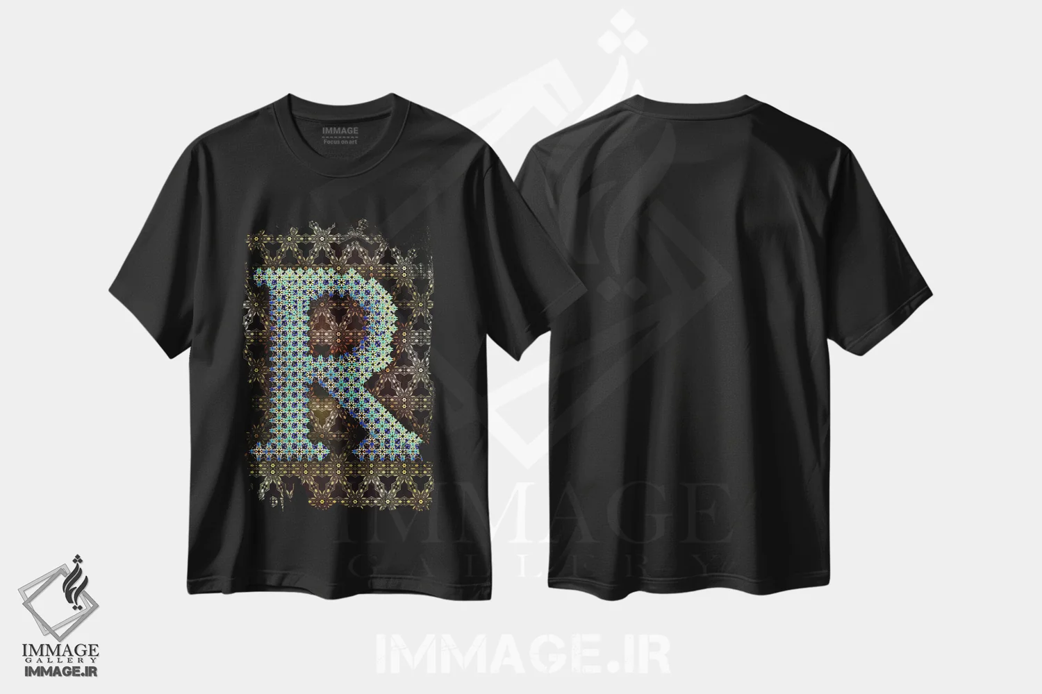 تیشرت مشکی طرح دار R، تزئینی اثر فایو بای فایو کالکتیو | فروشگاه ایماژ