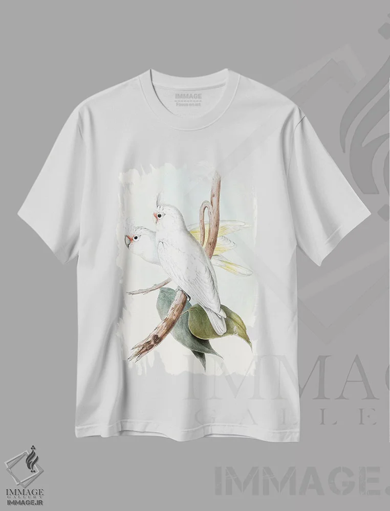 تیشرت سفید طرح دار طوطی های پاستلی ۲، تزئینی اثر جان گولد | فروشگاه ایماژ