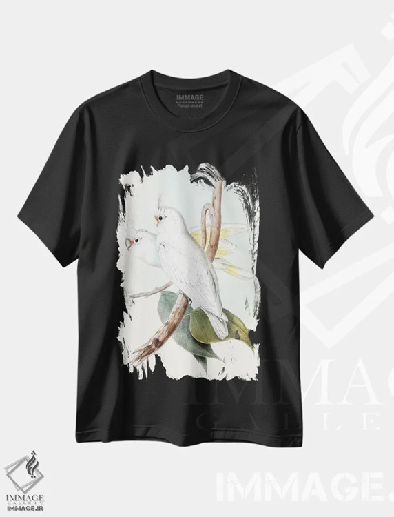 تیشرت مشکی طرح دار طوطی های پاستلی ۲، تزئینی اثر جان گولد | immage.ir