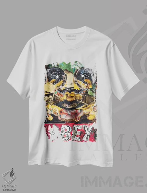 تیشرت سفید طرح دار اطاعت کن، هنر فاخر معاصر اثر گلیل | فروشگاه ایماژ