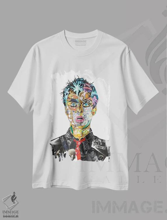 تیشرت سفید طرح دار بیلی جو آرمسترانگ، هنر فاخر معاصر اثر گلیل | فروشگاه ایماژ