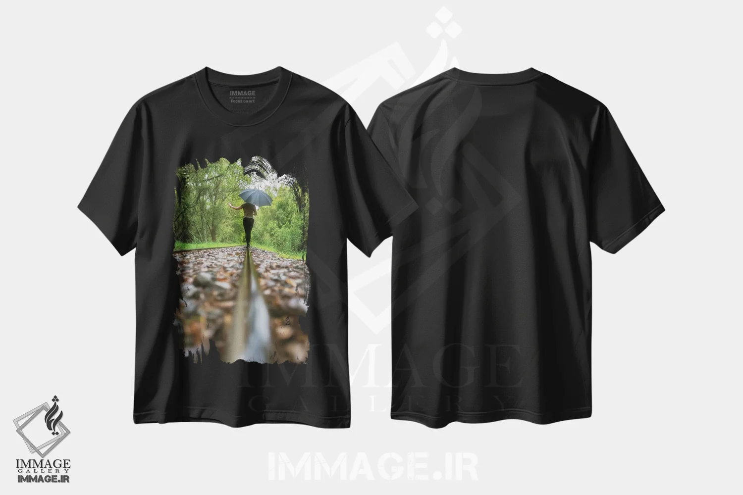 تیشرت مشکی طرح دار روی ریل ها، مدیوم اثر گلاوکو منهالی | فروشگاه ایماژ