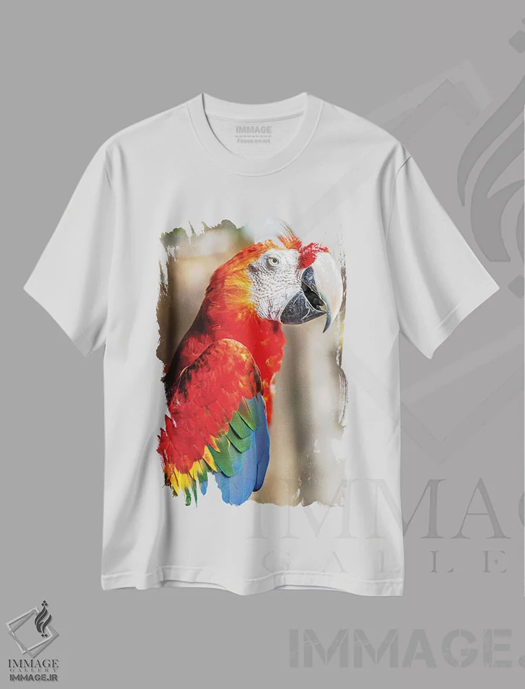 تیشرت سفید طرح دار مکائوی قرمز ۲، مدیوم اثر گلاوکو منهالی | immage.ir