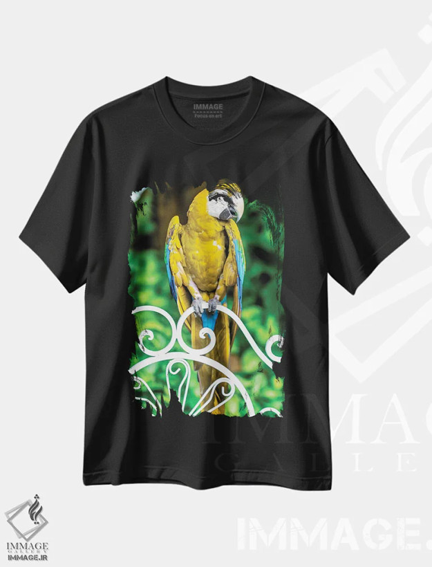 تیشرت مشکی طرح دار مکائوی زرد، مدیوم اثر گلاوکو منهالی | فروشگاه ایماژ