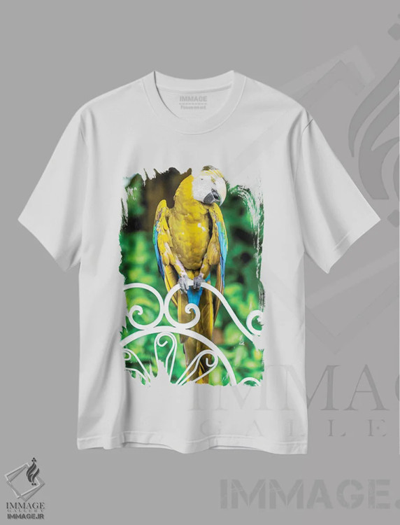 تیشرت سفید طرح دار مکائوی زرد، مدیوم اثر گلاوکو منهالی | immage.ir