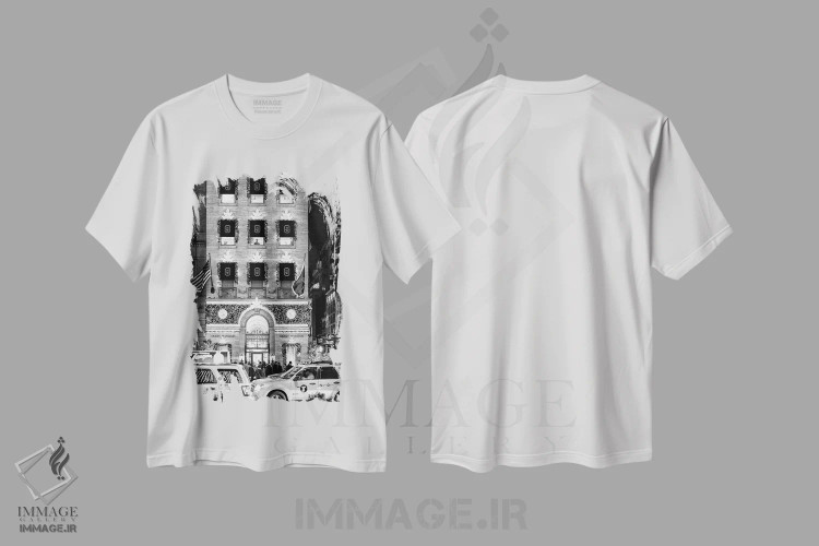 تیشرت سفید طرح دار کریسمس، عکاسی سیاه و سفید اثر گلاوکو منهالی | فروشگاه ایماژ