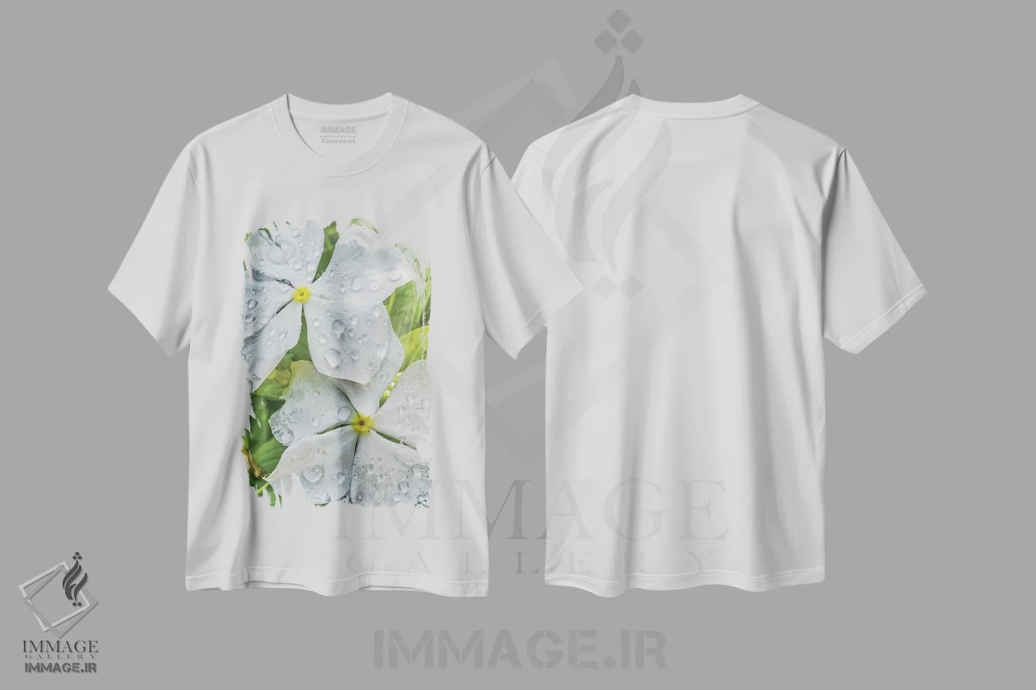تیشرت سفید طرح دار قطرات آب روی گل سفید، مدیوم اثر گلاوکو منهالی | immage.ir