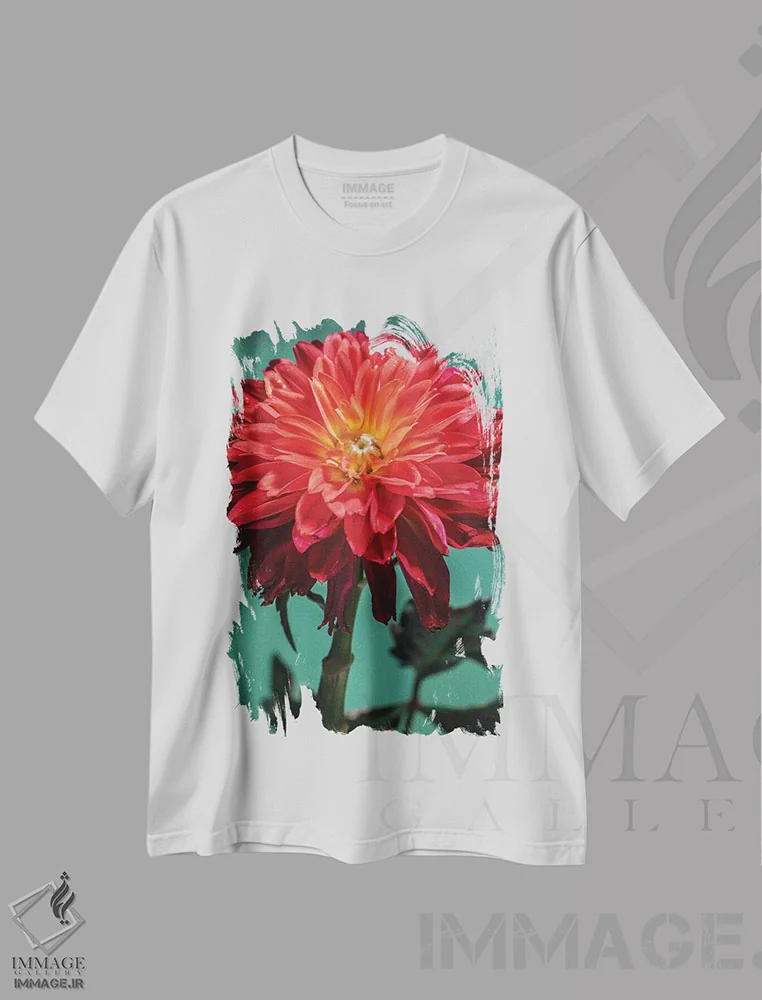 تیشرت سفید طرح دار گل داودی قرمز، مدیوم اثر گلاوکو منهالی | فروشگاه ایماژ