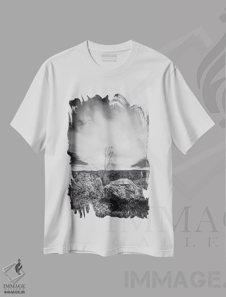 تیشرت سفید طرح دار منظره شماره ۱۳، عکاسی سیاه و سفید اثر گلاوکو منهالی | فروشگاه ایماژ