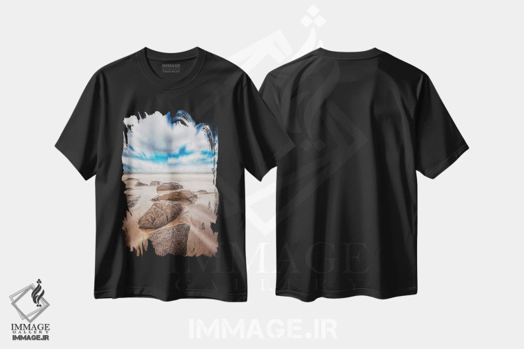 تیشرت مشکی طرح دار سنگ ها در ساحل، مدیوم اثر گلاوکو منهالی | immage.ir