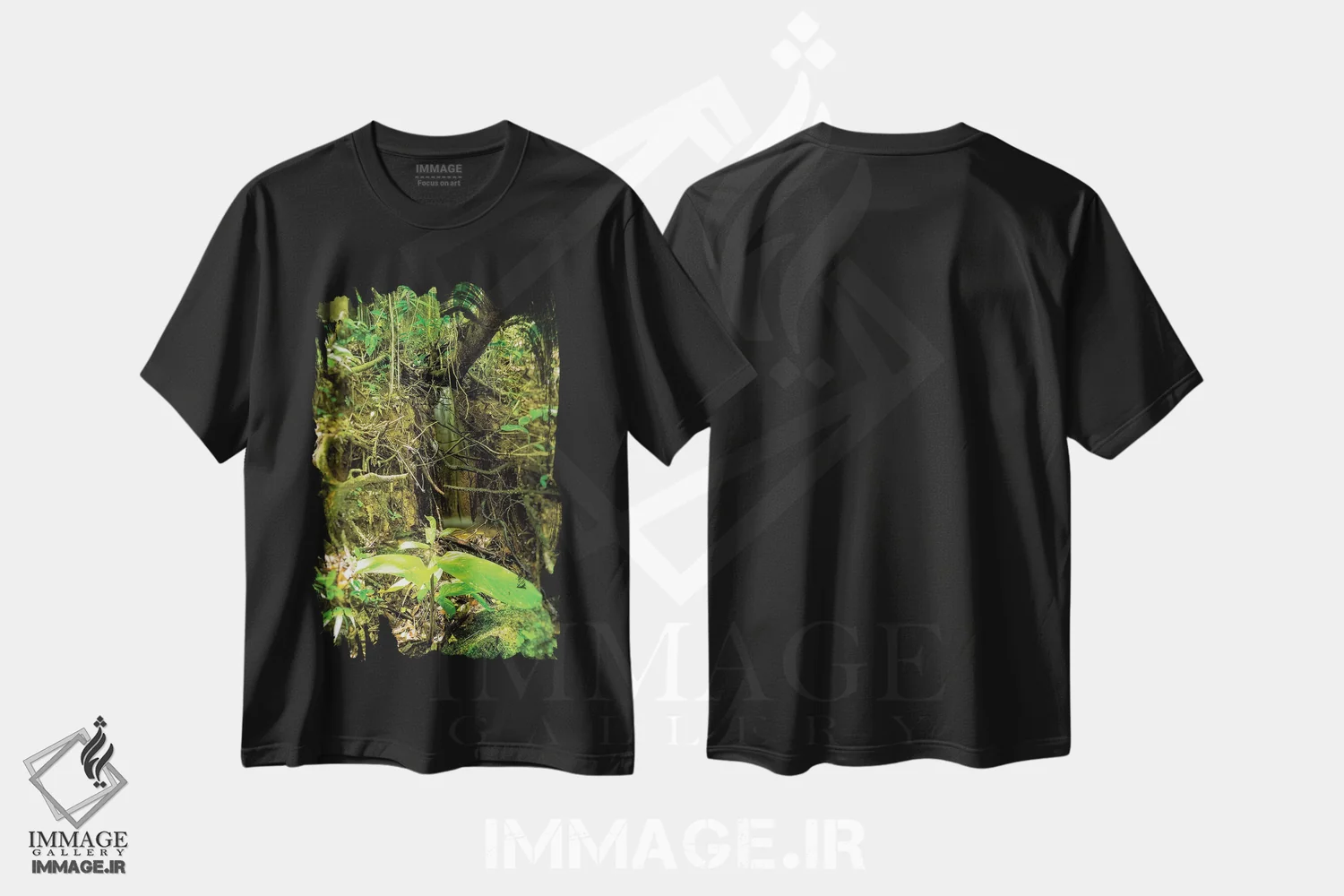 تیشرت مشکی طرح دار جنگل گرمسیری شماره ۲۵، مدیوم اثر گلاوکو منهالی | فروشگاه ایماژ