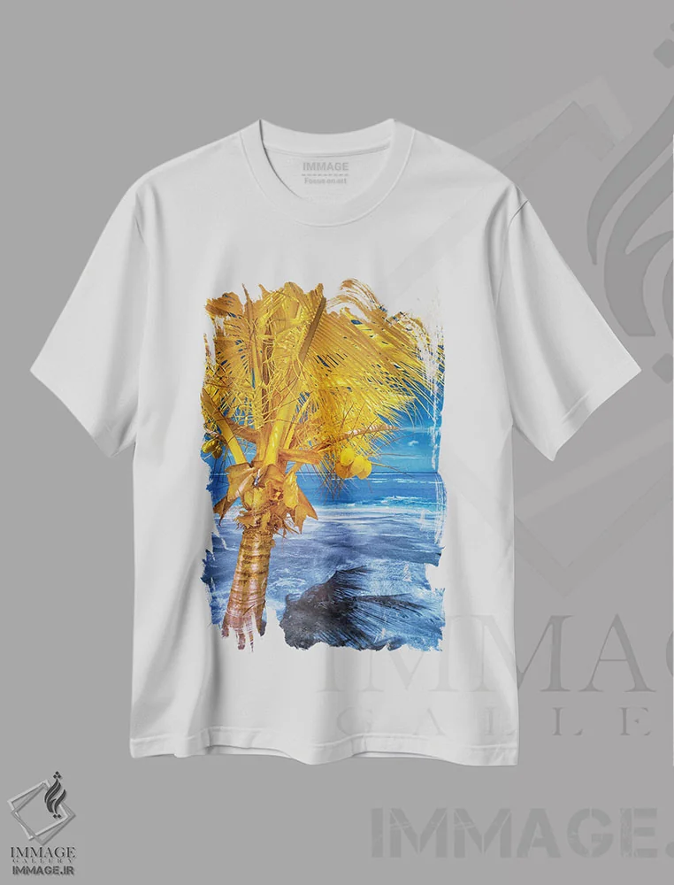 تیشرت سفید طرح دار مارمولک روی درخت نخل گرمسیری شماره ۱، مدیوم اثر گلاوکو منهالی | فروشگاه ایماژ