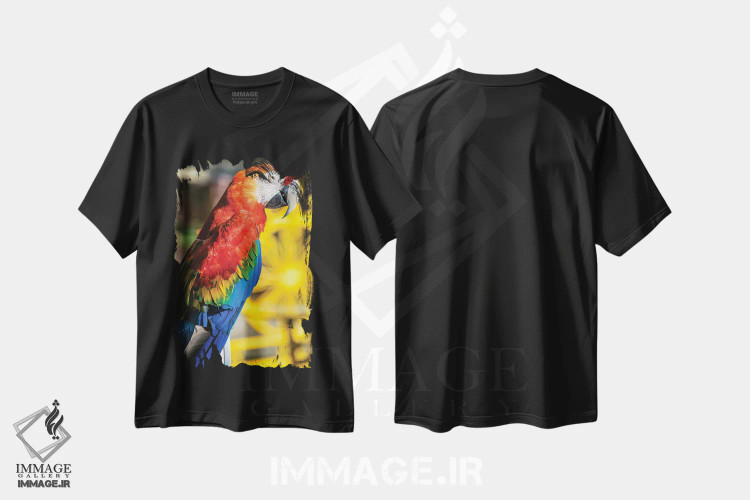 تیشرت مشکی طرح دار طوطی ماکائوی آبی و زرد III، مدیوم اثر گلاوکو منهالی | فروشگاه ایماژ