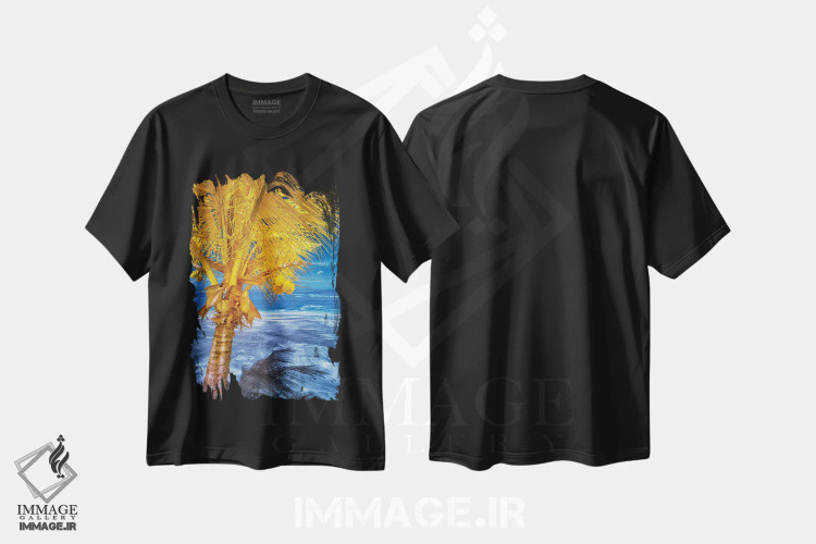 تیشرت مشکی طرح دار مارمولک روی درخت نخل گرمسیری شماره ۱، مدیوم اثر گلاوکو منهالی | immage.ir