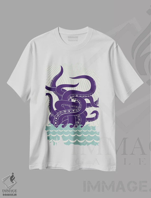 تیشرت سفید طرح دار هیولای دریا، دکور ساحلی اثر گرگ مابلی | فروشگاه ایماژ