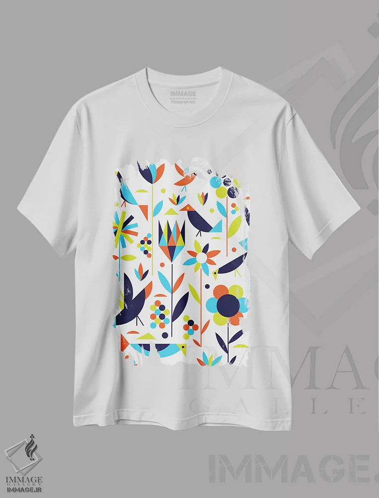 تیشرت سفید طرح دار پرندگان و گل ها، دکور معاصر اثر گرگ مابلی | immage.ir