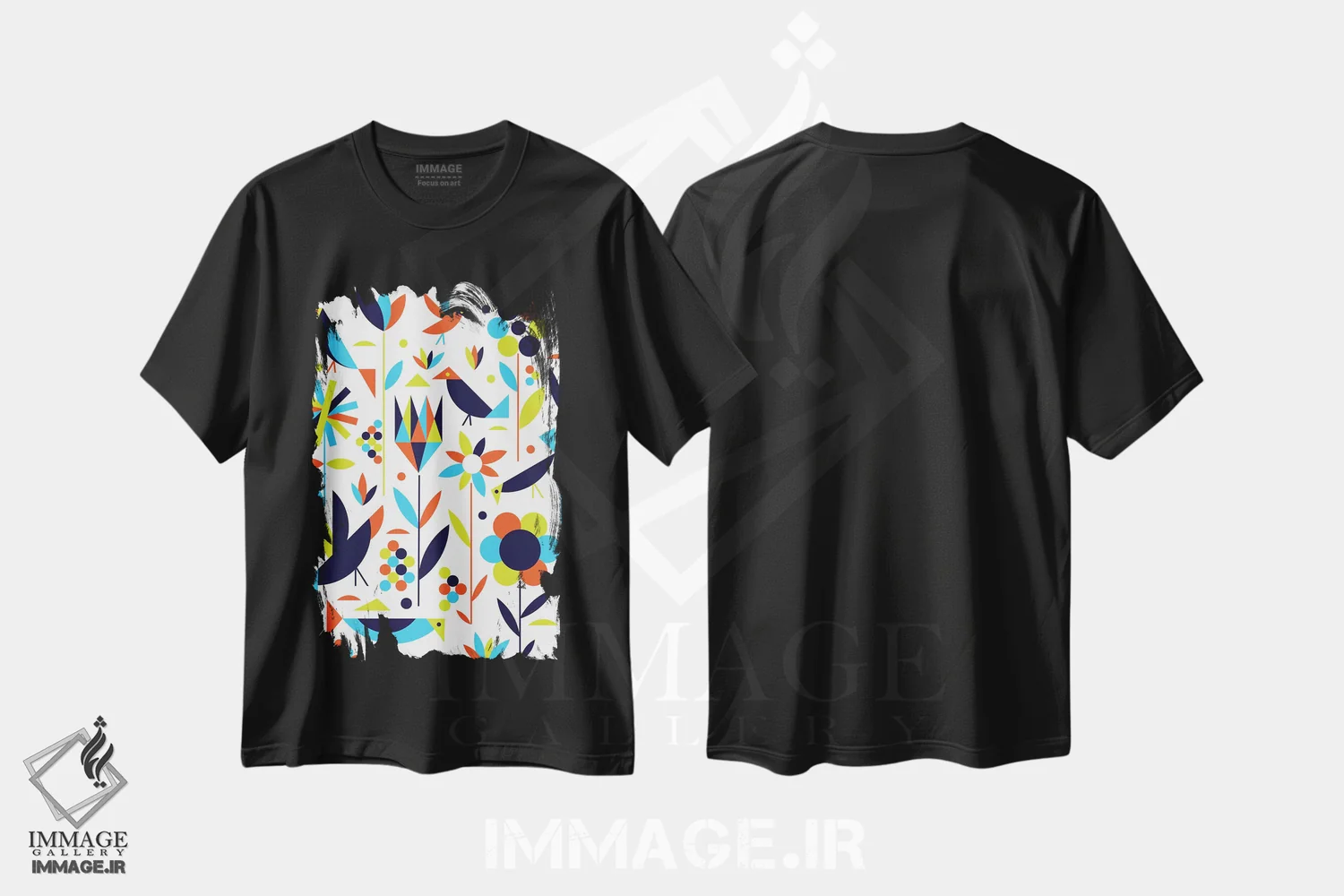 تیشرت مشکی طرح دار پرندگان و گل ها، دکور معاصر اثر گرگ مابلی | فروشگاه ایماژ