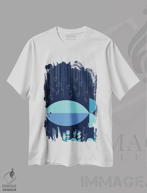 تیشرت سفید طرح دار ماهی و قلاب ها، دکور ساحلی اثر گرگ مابلی | فروشگاه ایماژ