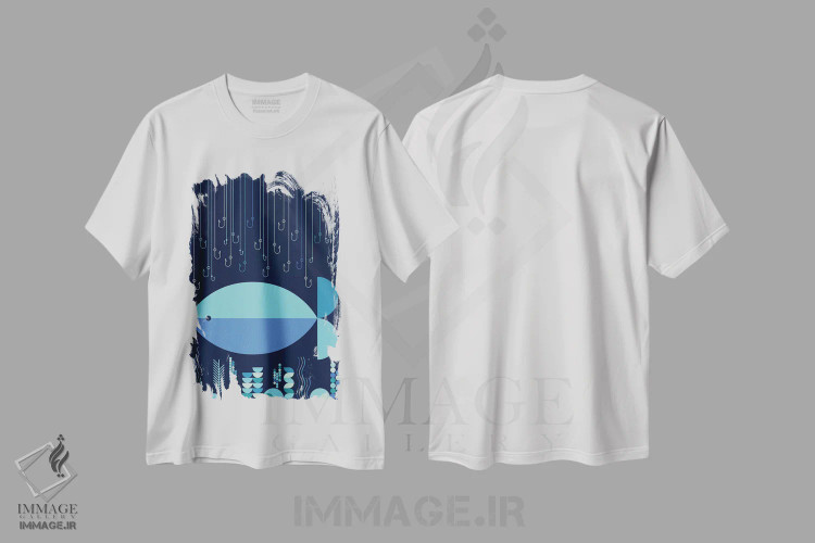 تیشرت سفید طرح دار ماهی و قلاب ها، دکور ساحلی اثر گرگ مابلی | فروشگاه ایماژ