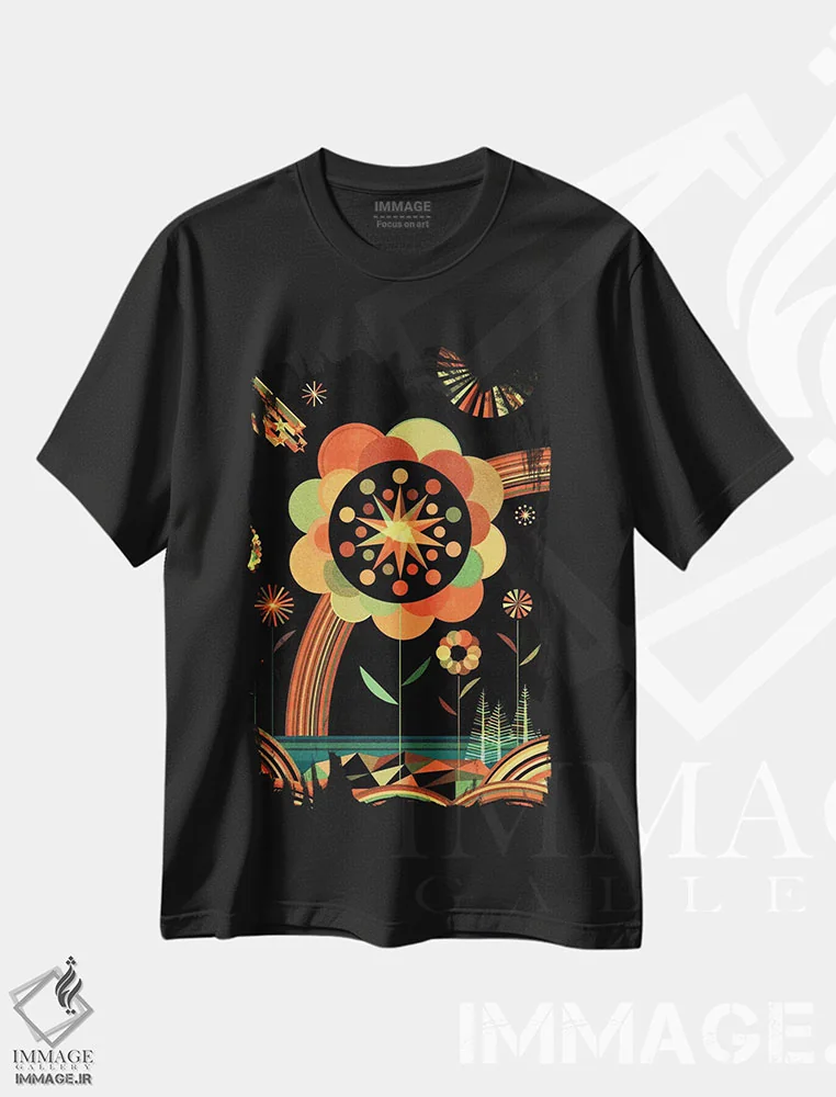 تیشرت مشکی طرح دار منظر شادی، دکور معاصر اثر گرگ مابلی | فروشگاه ایماژ