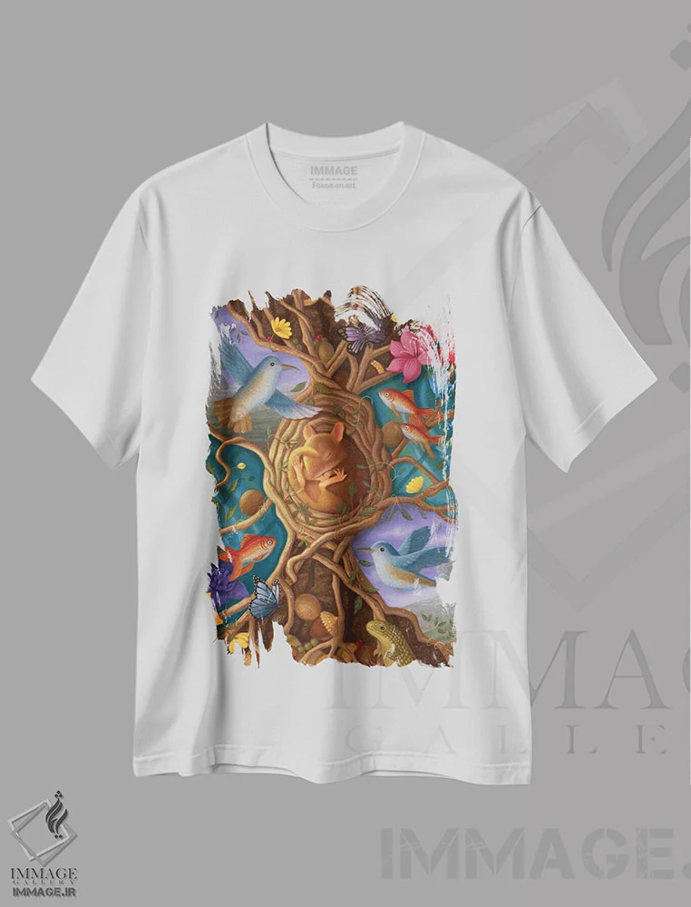 تیشرت سفید طرح دار تنهایی آرامش بخش، دکور معاصر اثر جینا ماتارازو | فروشگاه ایماژ