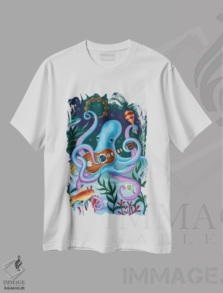 تیشرت سفید طرح دار نوازندهٔ ماهر در آبی، دکور معاصر اثر جینا ماتارازو | فروشگاه ایماژ