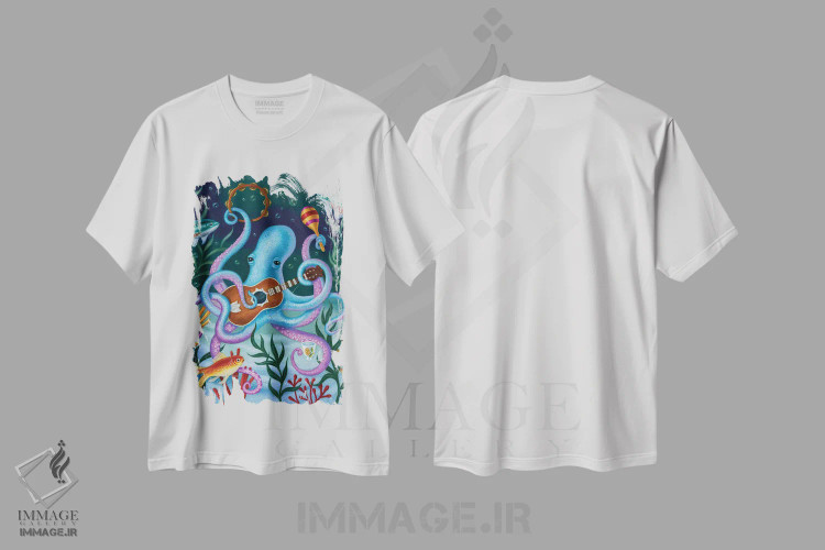 تیشرت سفید طرح دار نوازندهٔ ماهر در آبی، دکور معاصر اثر جینا ماتارازو | فروشگاه ایماژ