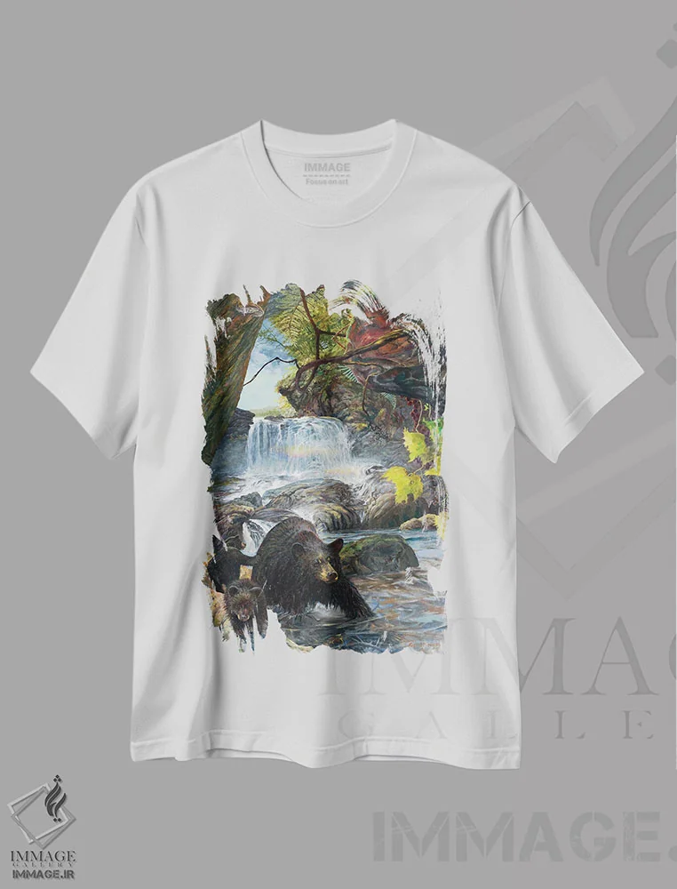 تیشرت سفید طرح دار شادابانه پیچیده، دکور کلبه و لژ اثر جف مووری | immage.ir