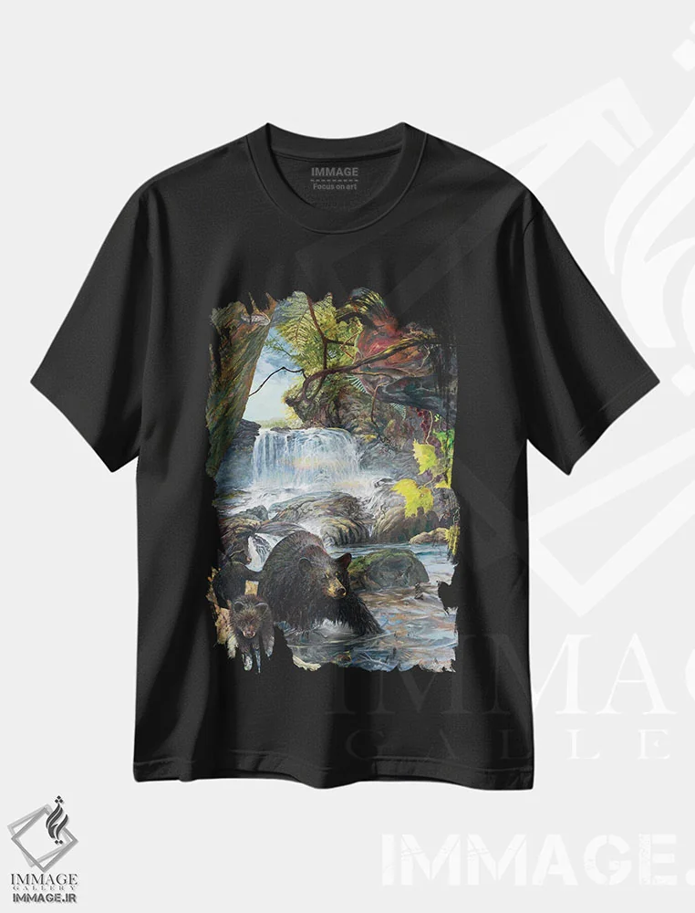 تیشرت مشکی طرح دار شادابانه پیچیده، دکور کلبه و لژ اثر جف مووری | فروشگاه ایماژ