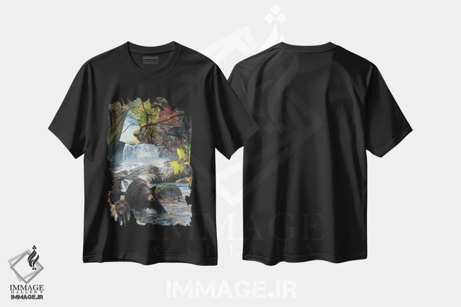 تیشرت مشکی طرح دار شادابانه پیچیده، دکور کلبه و لژ اثر جف مووری | فروشگاه ایماژ