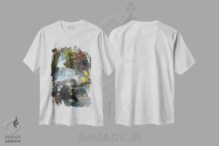 تیشرت سفید طرح دار شادابانه پیچیده، دکور کلبه و لژ اثر جف مووری | immage.ir