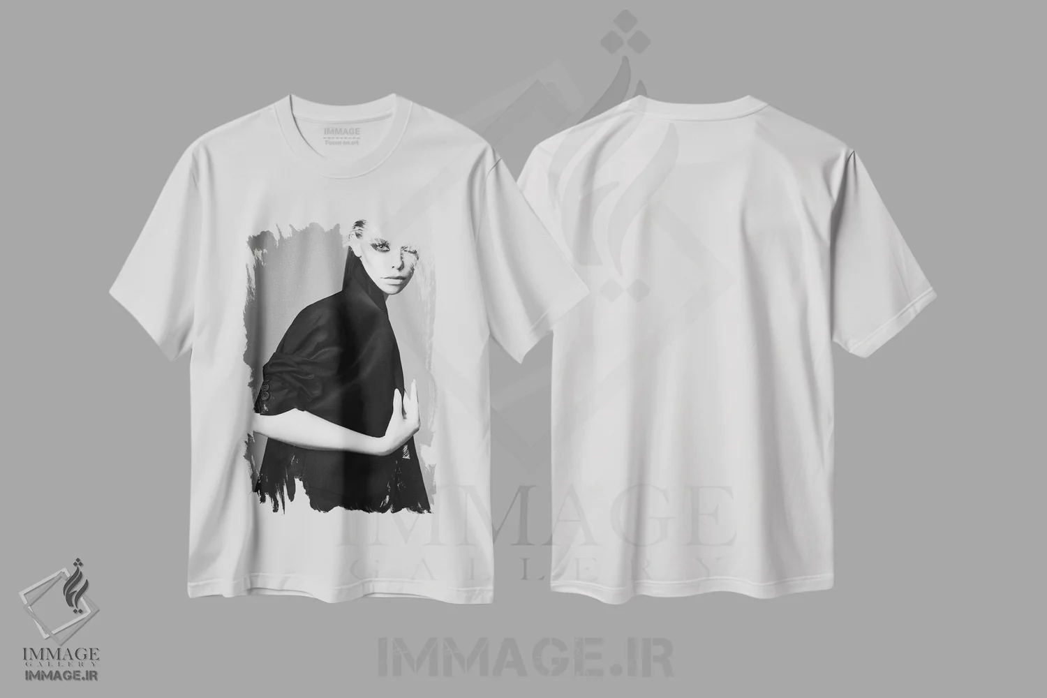 تیشرت سفید طرح دار پرتره مد بانوی زیبا ۶، عکاسی سیاه و سفید اثر جورج مایر | immage.ir