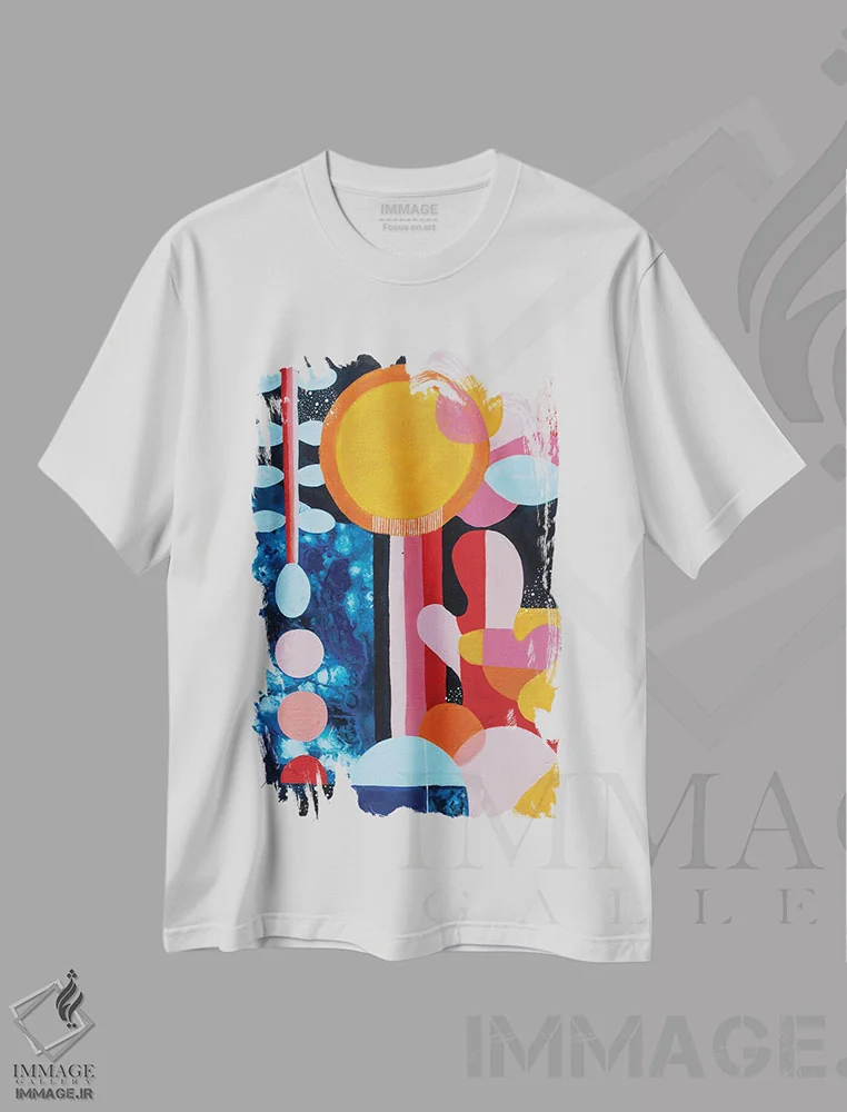 تیشرت سفید طرح دار شب تابستان، آبستره اثر سارا گون | فروشگاه ایماژ