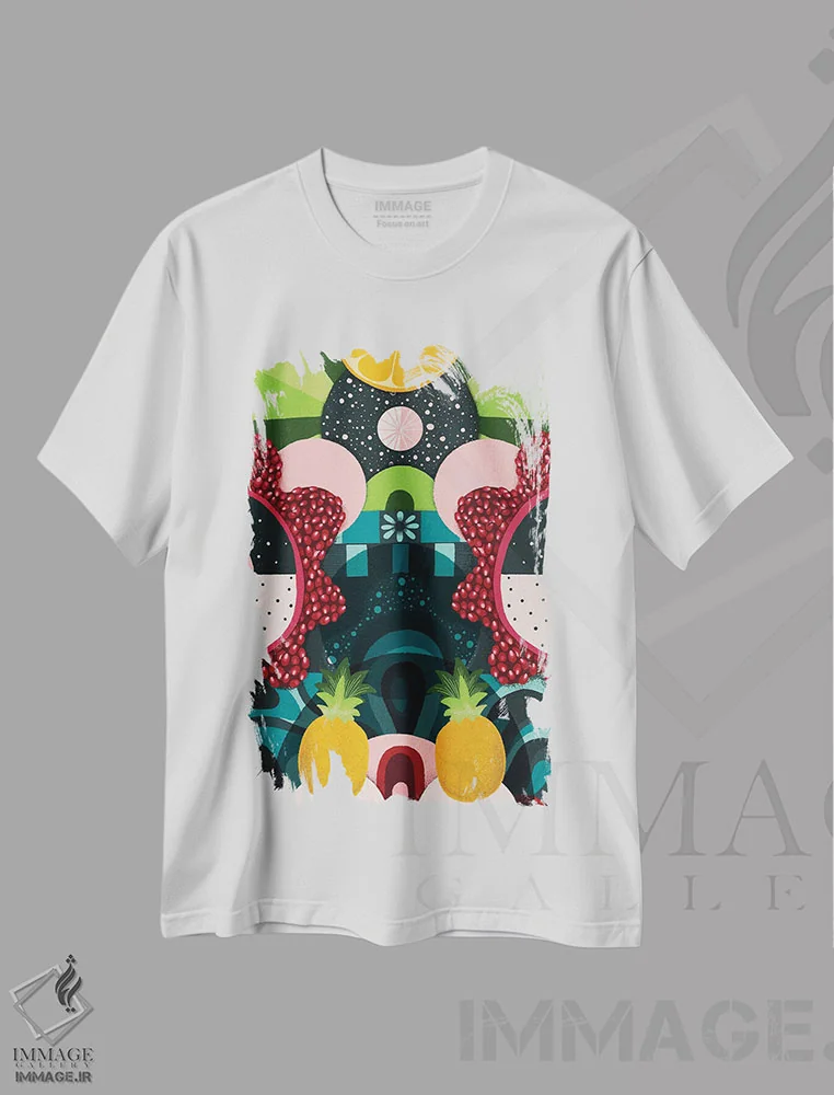 تیشرت سفید طرح دار بهشت انار، آبستره اثر سارا گون | immage.ir