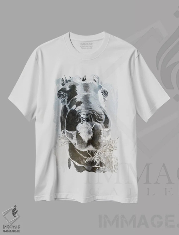 تیشرت سفید طرح دار دهانی پر از علف خشک، هنر تزئینی سیاه و سفید اثر جن فارل | فروشگاه ایماژ