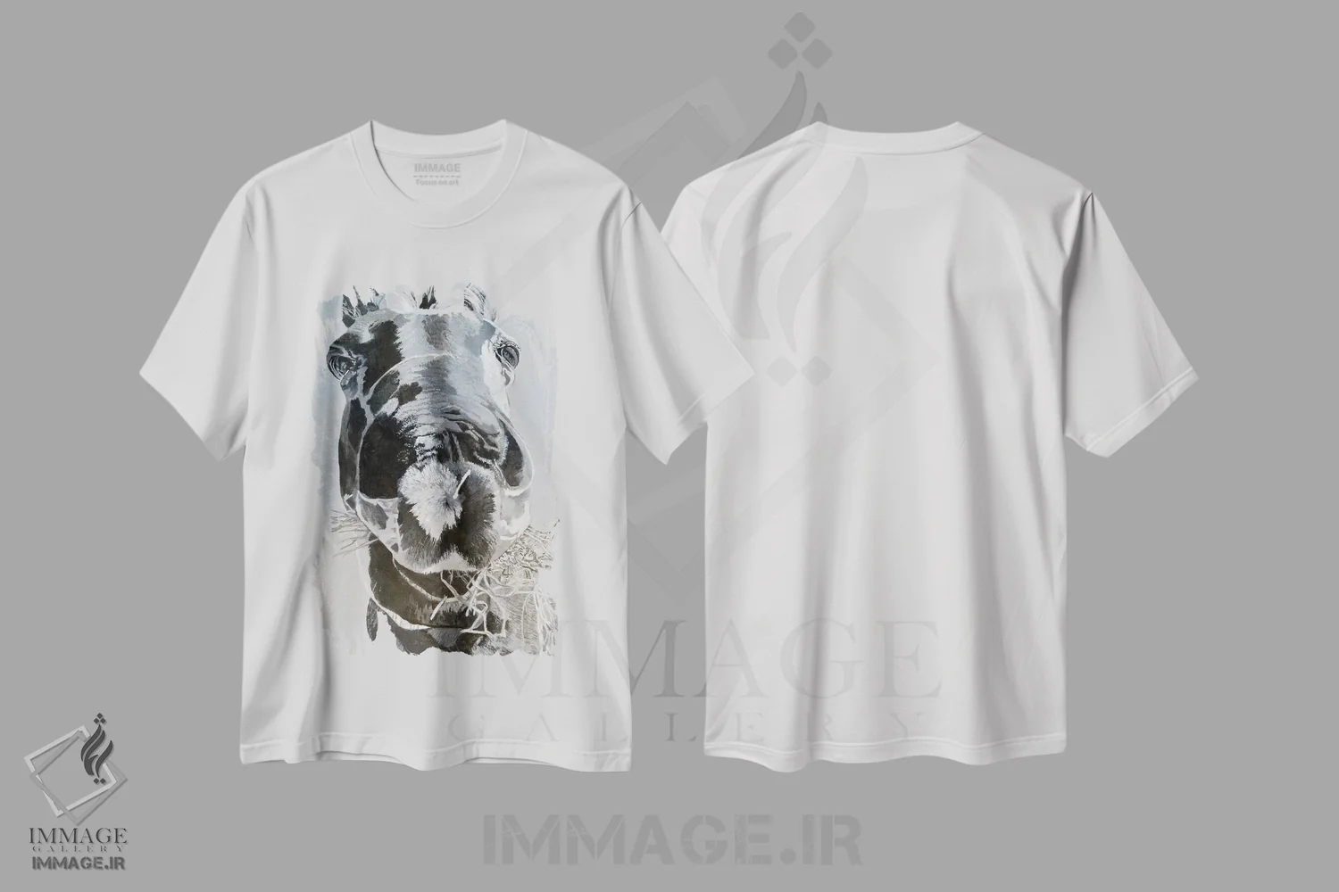 تیشرت سفید طرح دار دهانی پر از علف خشک، هنر تزئینی سیاه و سفید اثر جن فارل | فروشگاه ایماژ