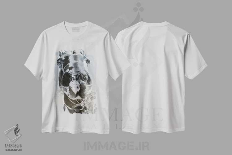 تیشرت سفید طرح دار دهانی پر از علف خشک، هنر تزئینی سیاه و سفید اثر جن فارل | فروشگاه ایماژ