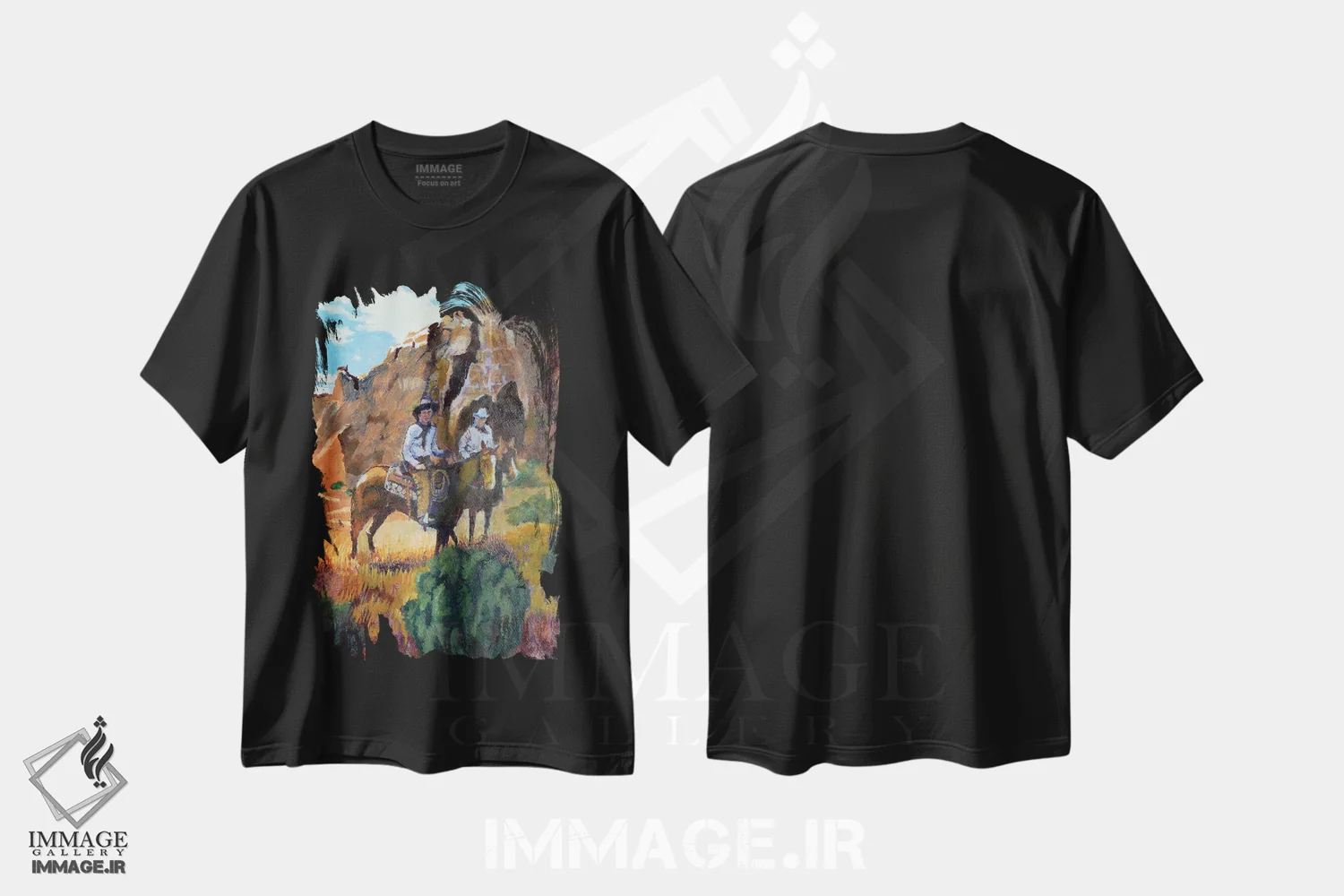 تیشرت مشکی طرح دار سواران دره، دکور معاصر اثر جن فارل | فروشگاه ایماژ