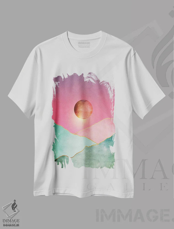 تیشرت سفید طرح دار غروب فراواقع گرایانه دوم، آبستره اثر مارکو گونزالز | immage.ir