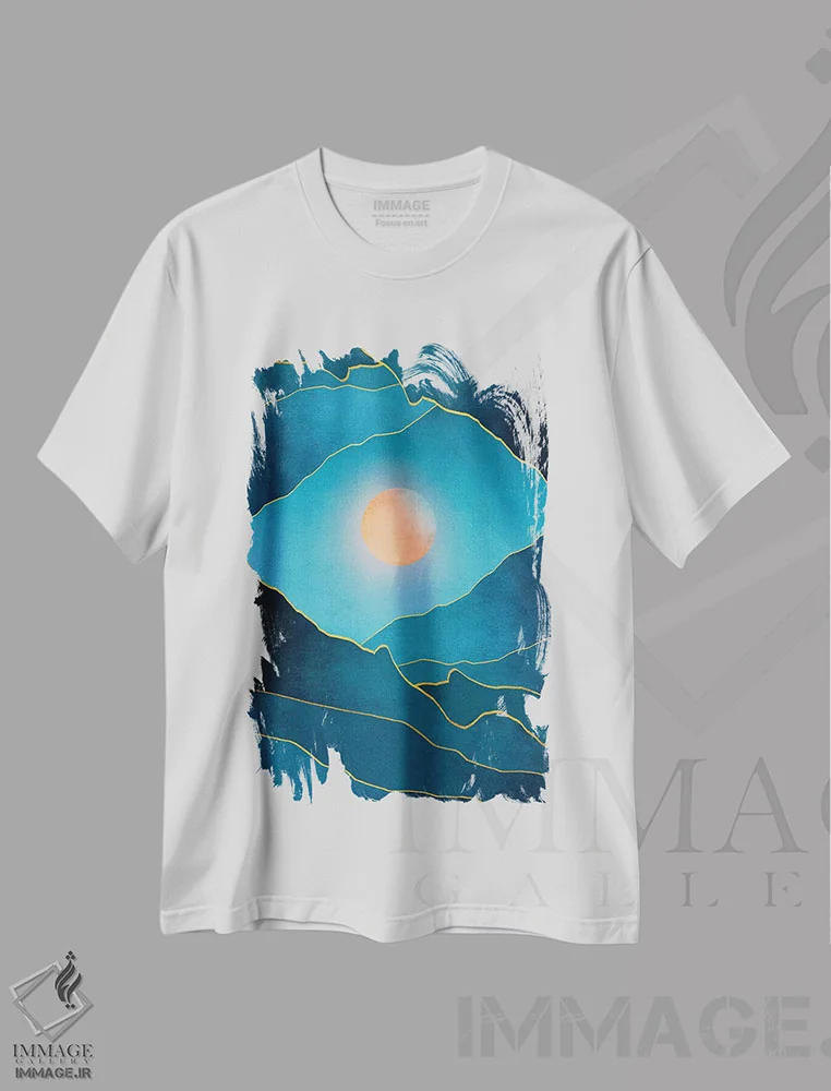 تیشرت سفید طرح دار غروب فراواقع گرایانه سوم، آبستره اثر مارکو گونزالز | فروشگاه ایماژ